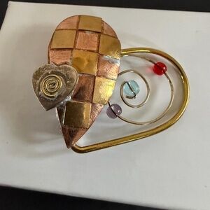 Artisan Metal Heart Brooch with Colored Beads